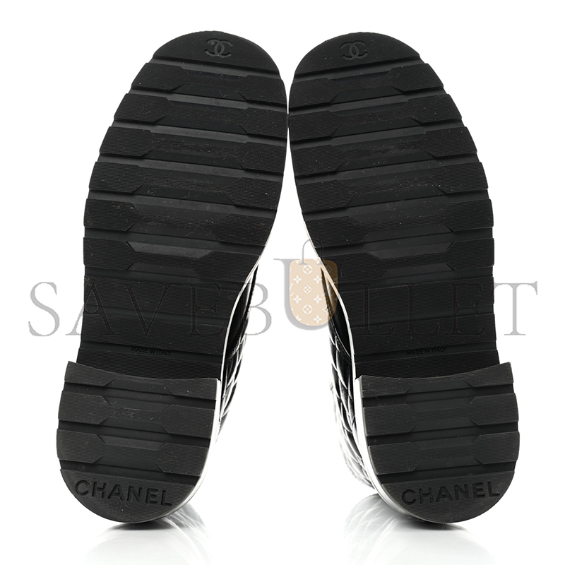 Ch*el shiny calfskin quilted lace up combat boots